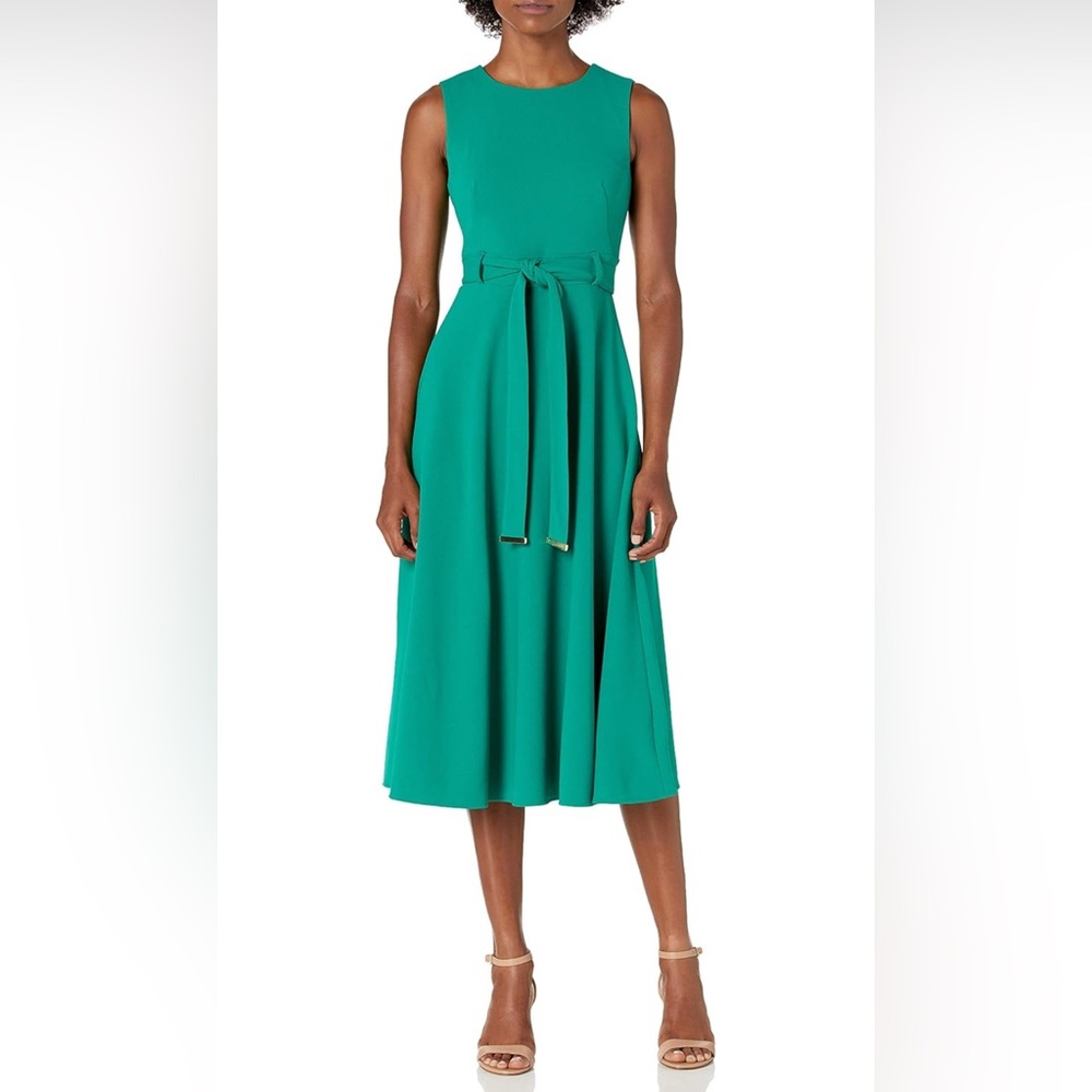 Calvin Klein Women's Sleeveless A-line Belted Midi Dress Olive Green Size 4